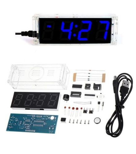 Набор для пайки и сборки конструктор "Цифровые светодиодные часы - термометр / будильник" 5В синие