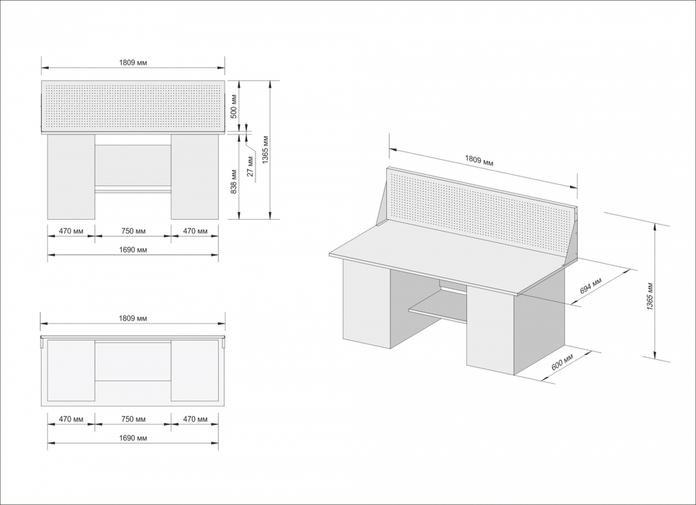 Верстак инструментальный двухтумбовый GWT-V1800B1 Great Wolf, 4 ящика, тумба с дверью, экран, 1800x700