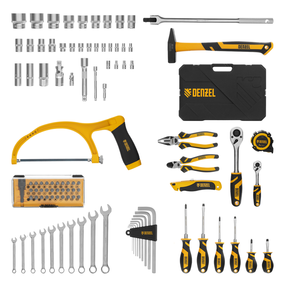 Набор инструментов, 1/2", 1/4", CrV, S2, пластиковый кейс, 100 предметов Denzel