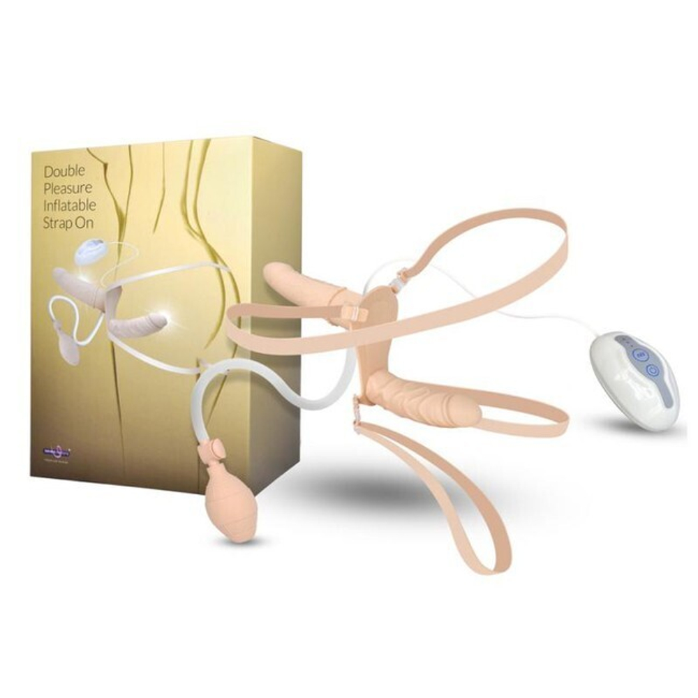 Надувной вибро-страпон для двойного проникновения Double Pleasure Inflatable Strap On 7 режимов (Цвет: телесный)