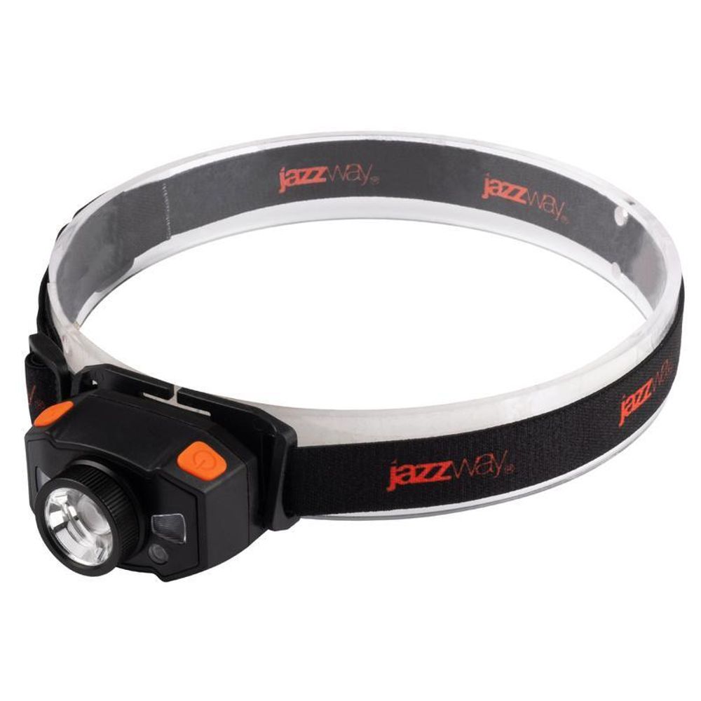 Фонарь аккумуляторный налобный AccuH1-L5WZ-og zoom LED 5Вт + 2хRED SMD IP54 5 режимов: 100проц. 180лм 3.5ч/50проц. 110лм 5.5ч/30проц. 65лм 15ч/красн. 28ч/мигающ. красн. 12ч аккум. 0.8А.ч управл. жестами черн./оранж. JazzWay 5036611
