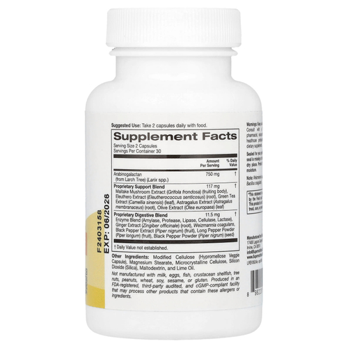 Super Nutrition, добавка для поддержки иммунитета с арабиногалактаном, экстрактами гриба-барана, элеутерококка и зелёного чая, 60 вегетарианских капсул