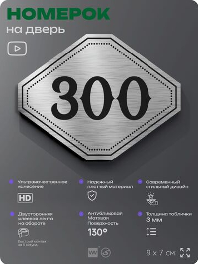 Номерок на дверь квартиры 300, для кабинета, офиса, шильдик 9 х 7 см, серебристый, Айдентика Технолоджи