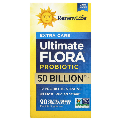 Renew Life, пробиотик Extra Care Ultimate Flora™, 50 млрд КОЕ, 90 веганских капсул с отсроченным высвобождением