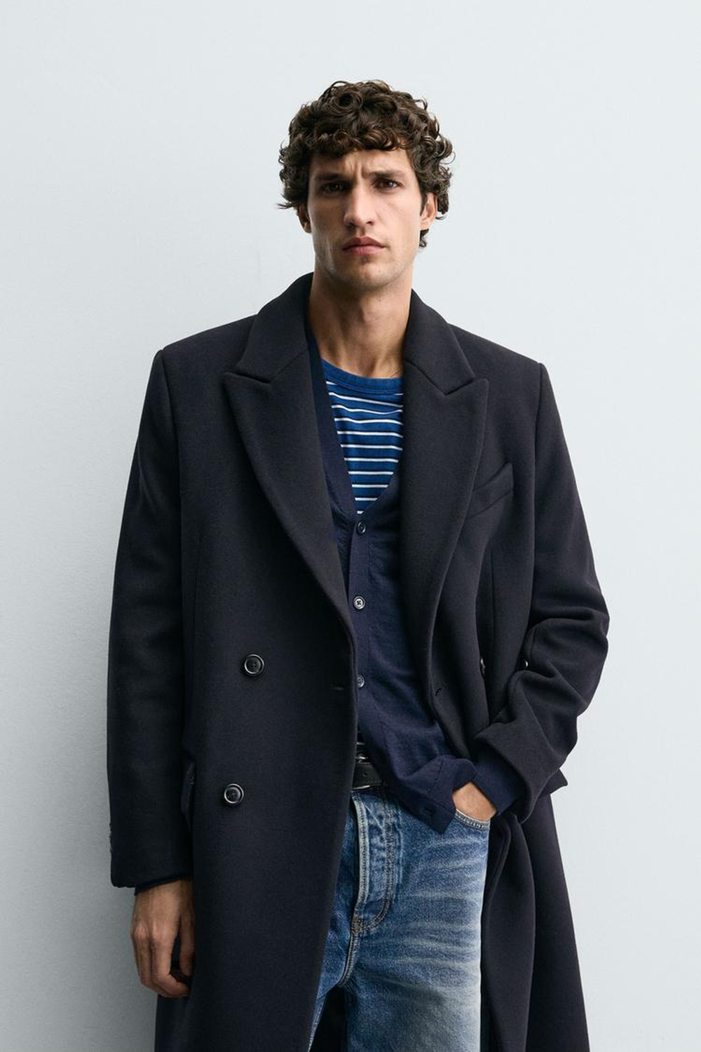 ZARA ДВУБОРТНОЕ ПАЛЬТО ИЗ СМЕСОВОЙ ШЕРСТИ MANTECO ®, МОРСКОЙ СИНИЙ