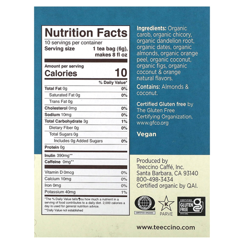 Teeccino, Органический жареный травяной чай, одуванчик и кокос, без кофеина, 10 чайных пакетиков, 60 г (2,12 унции)