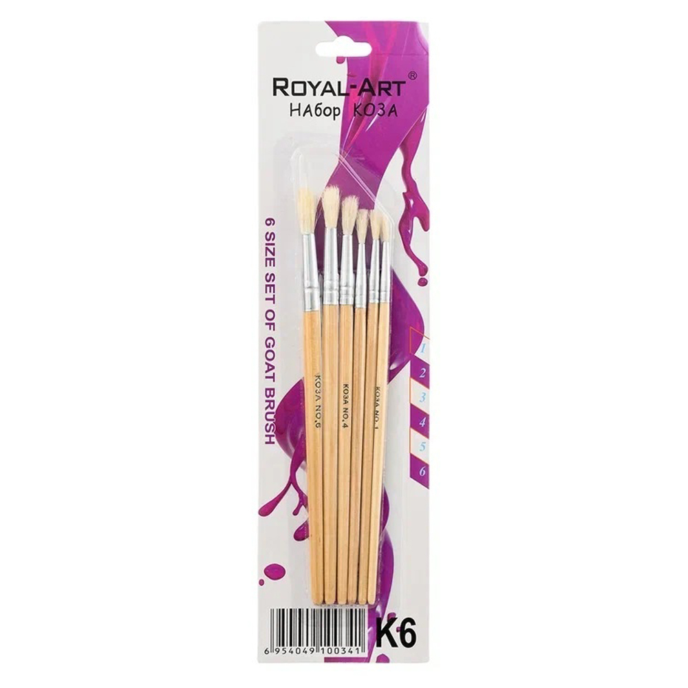 Кисть для рисования Basir художественная, коза, № 1,2,3,4,5,6, деревянный корпус, набор из 6 шт