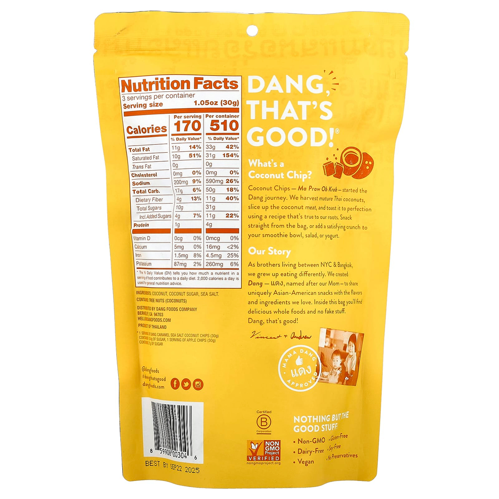 Dang Foods, Кокосовые чипсы, карамель и морская соль, 3.17 унц. (90 г)