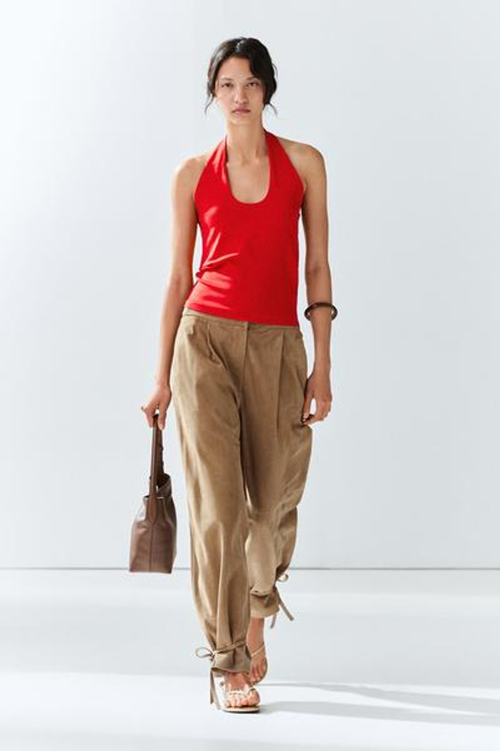 Massimo Dutti Брюки из замшевой кожи с завязками по низу, зеленый
