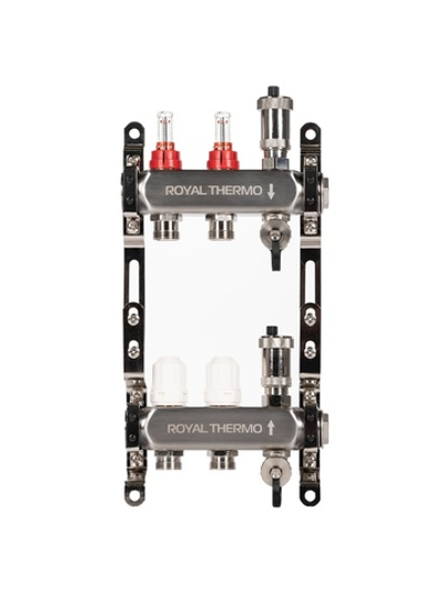 Коллектор Royal Thermo нерж. в сборе с расходомерами 1" ВР-3/4" НР с автомат. воздухоотвод-ми 2 вых.