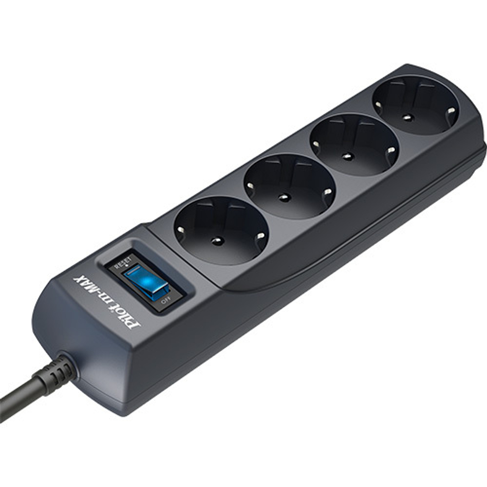 Сетевой фильтр Pilot m Max 4 розетки (евро с заземлением), 15А/3.3кВа, автомат, 3 м, графит