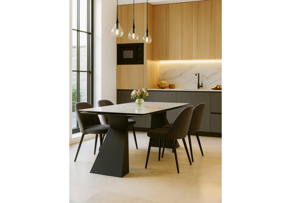 Керамический стол Woodville Денхольм 240(290)х100х75 rystal onyx bianco, черный