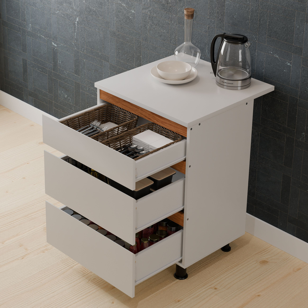 Кухонный модуль напольный 60х60х85, Валенсия, с 3-мя ящиками со столешницей, с дубовыми панелями, на ножках / белый, массив дуба, Dipriz