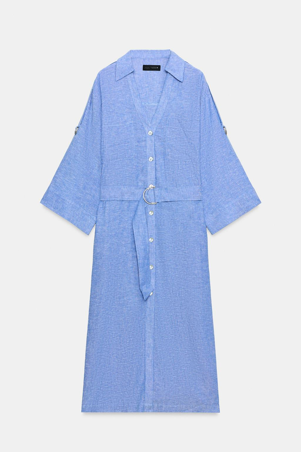 ZARA ПЛАТЬЕ МИДИ ИЗ ЛЬНА С РЕМНЕМ, СИНИЙ