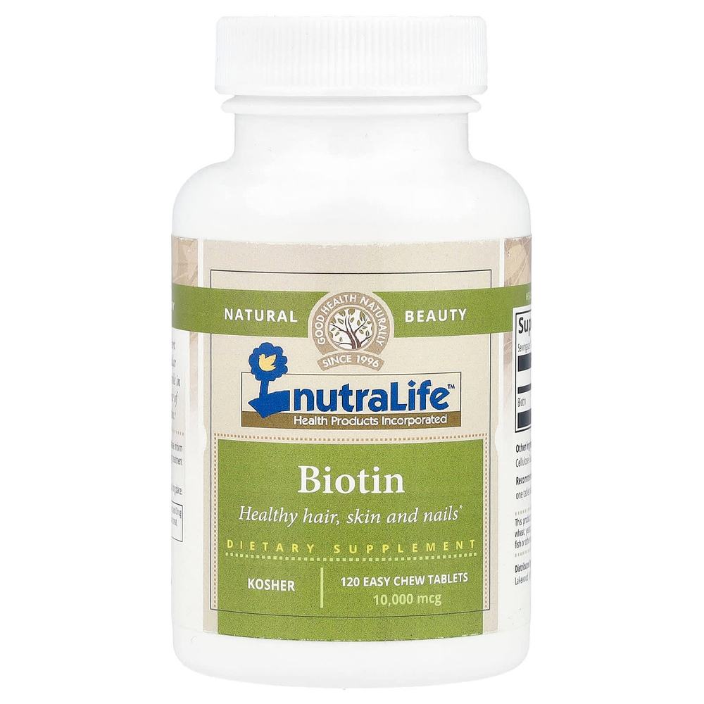 NutraLife, Биотин, 10 000 мкг, 120 жевательных таблеток