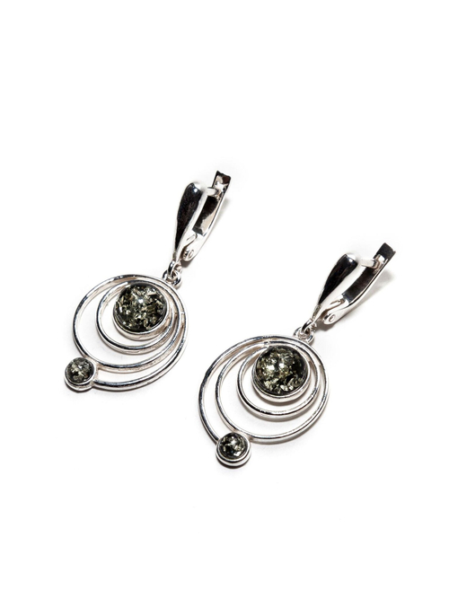 Серьги с натуральным янтарем зеленого цвета "Солнечная система"