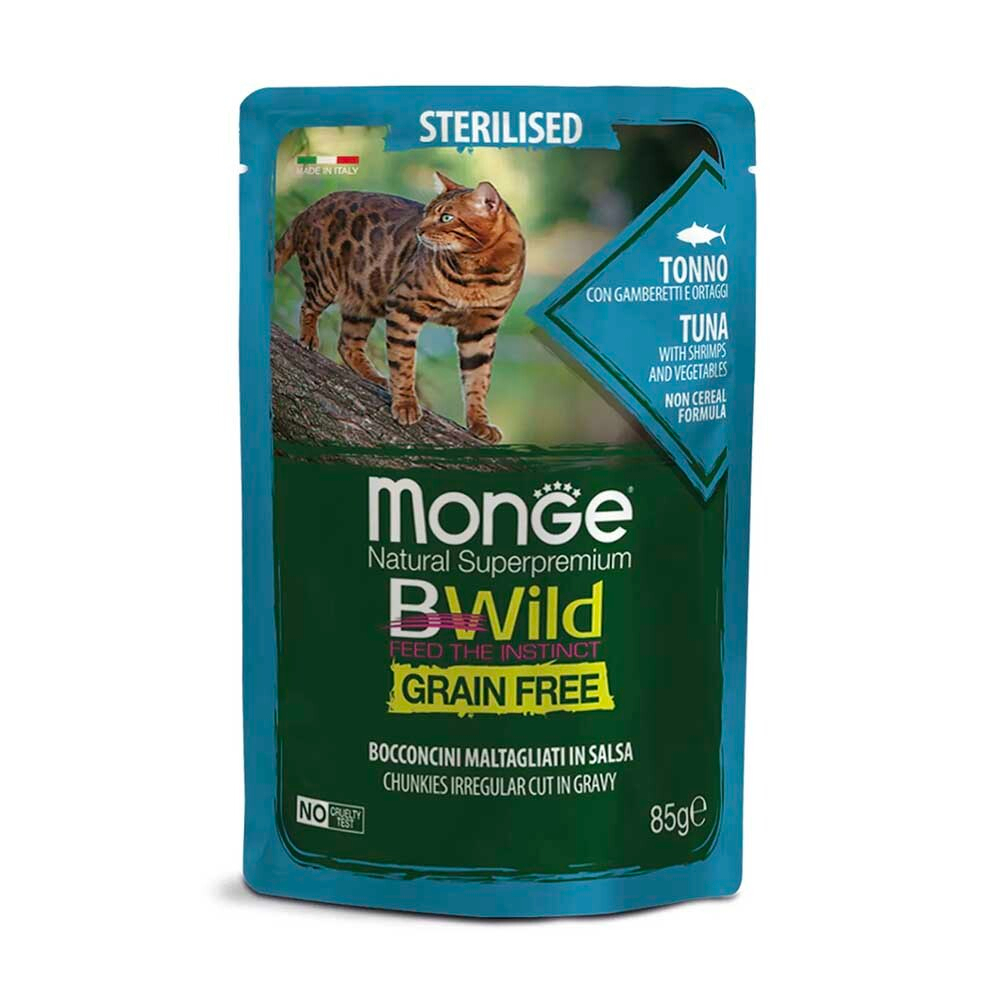 Monge Cat Bwild Sterilised 85 г (тунец с креветками и овощами) - беззерновые консервы (пауч) для стерилизованных кошек