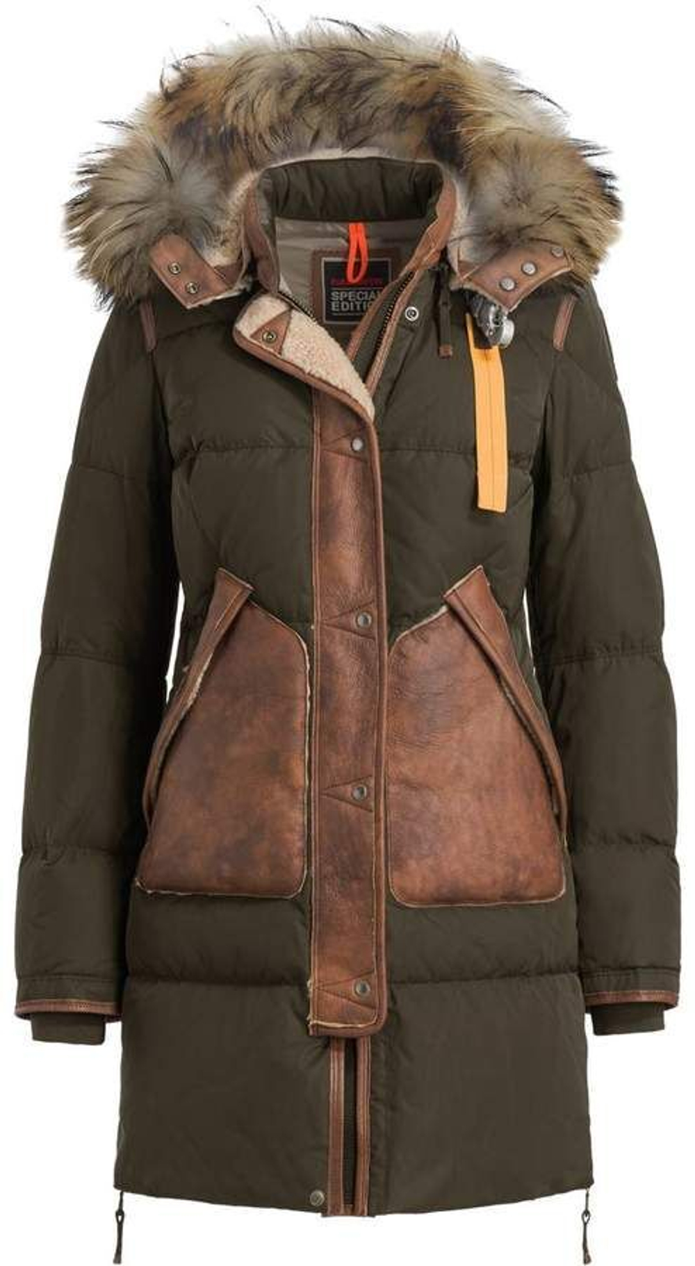 Пальто жен Parajumpers LONG BEAR Special 601 коричневое, капюшон енот