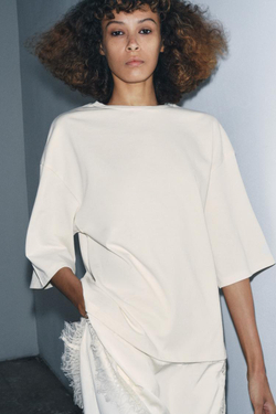 ZARA КОМБИНИРОВАННАЯ ФУТБОЛКА С КРУЖЕВОМ, ЭКРЮ