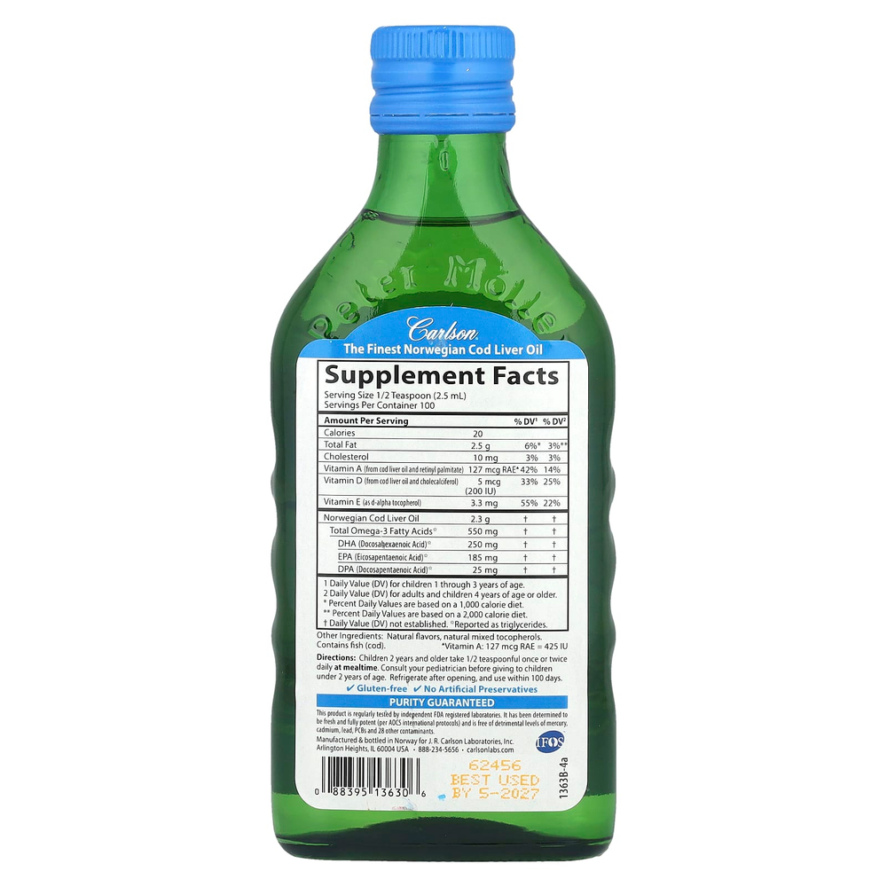 Carlson, Kid's, жир печени норвежской трески дикого улова с витаминами A и D3, для детей, со вкусом жевательной резинки, 250 мл (8,4 жидк. унции)