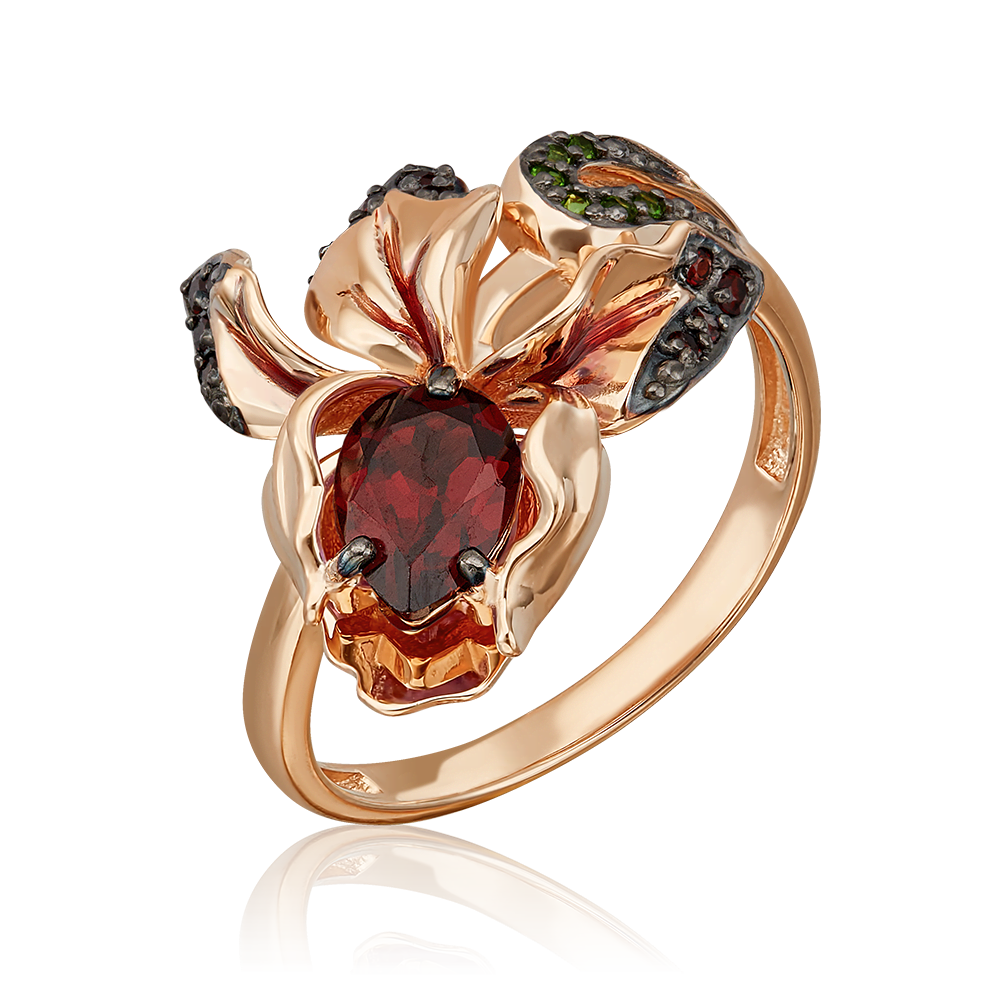 Кольцо «Ирис» из красного золота с гранатами, хромдиопсидами и эмалью
