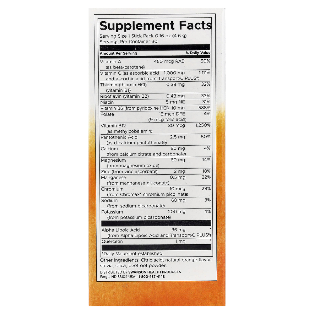 Swanson, Energy C с электролитами, натуральный апельсин, 30 пакетиков по 4,6 г (0,16 унции)