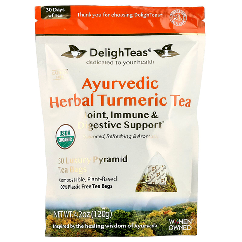 DelighTeas, Аюрведический травяной чай с куркумой, без кофеина, 30 роскошных чайных пакетиков в форме пирамидки, 120 г (4,2 унции)