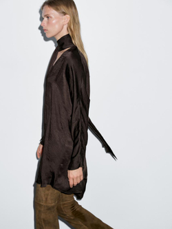 Massimo Dutti Длинная блуза из струящейся ткани с завязками на горловине, коричневый