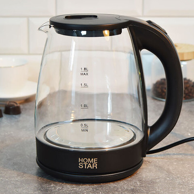 Чайник электрический 1,8л HomeStar HS-1099, стекло, пластик, черный