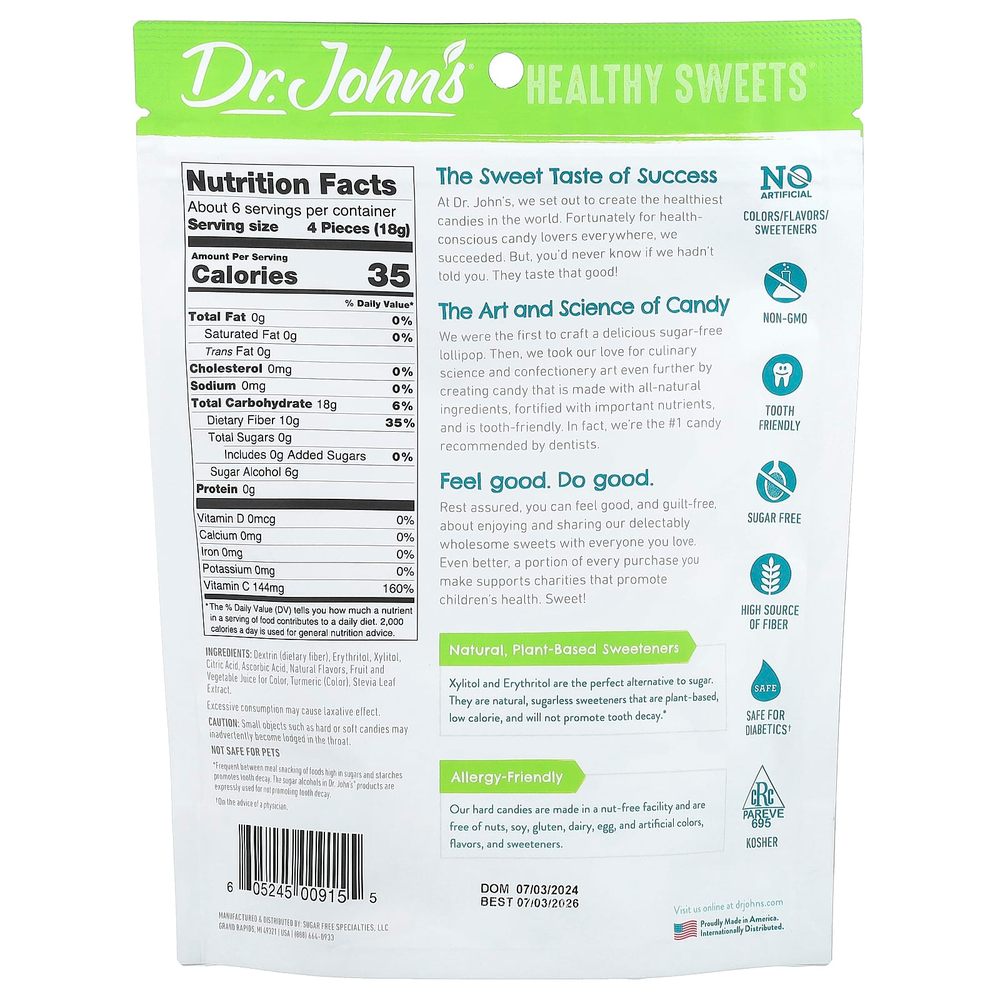Dr. John's Healthy Sweets, лимонные леденцы, с клетчаткой и витамином C, без сахара, 109 г (3,85 унции)