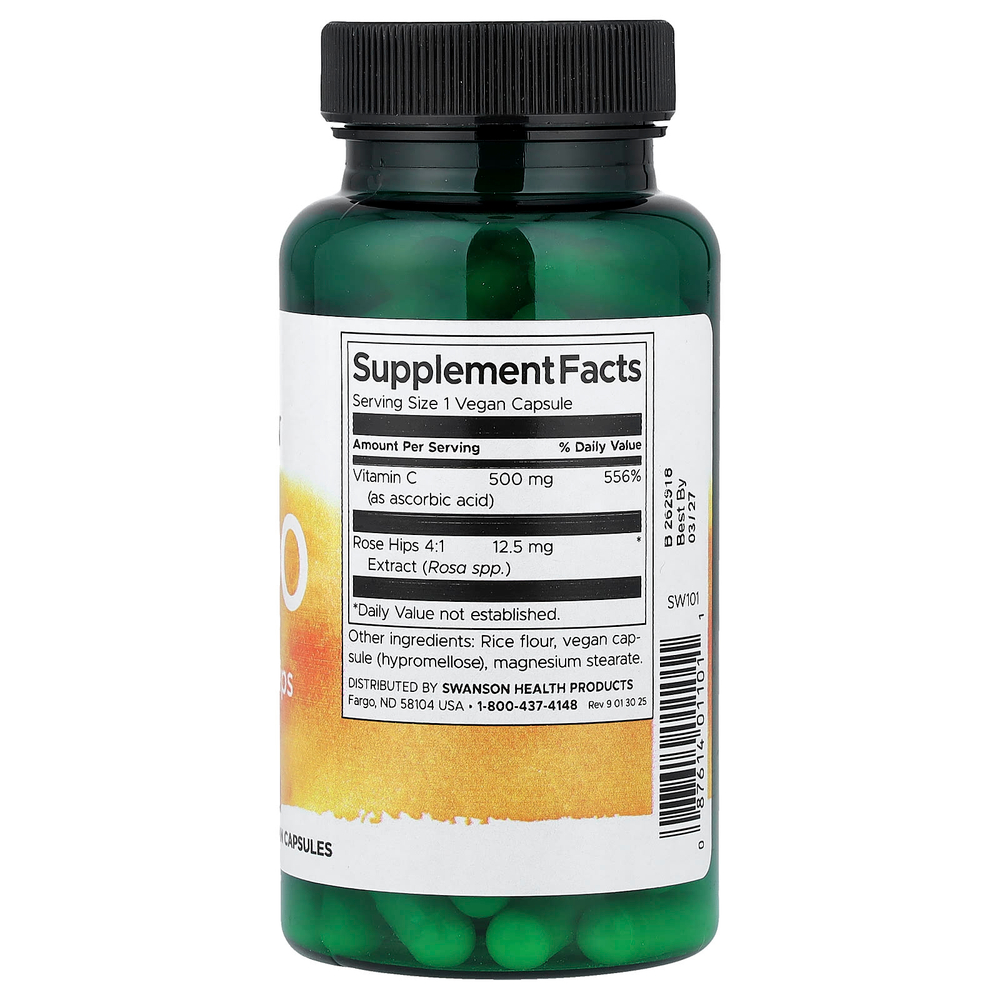 Swanson, C-500, витамин C с шиповником, 100 веганских капсул