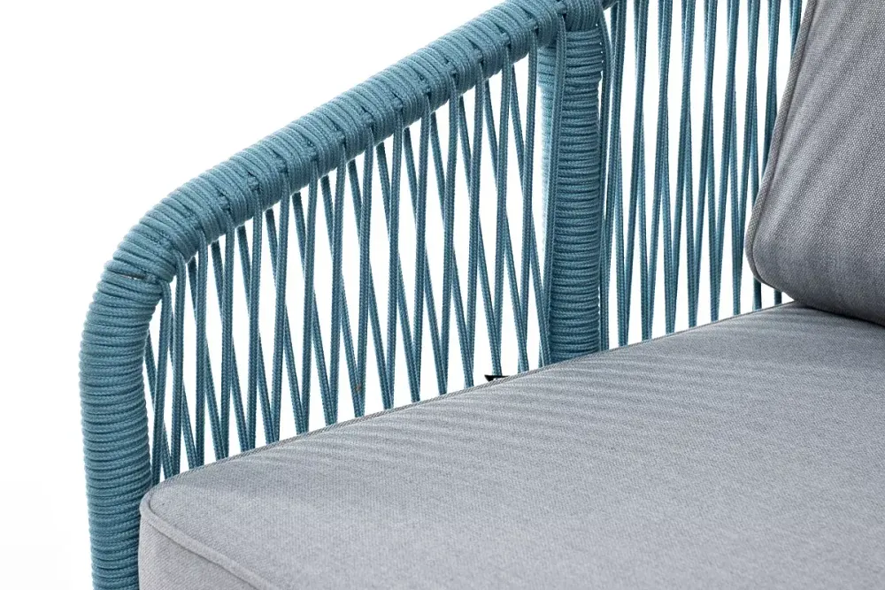 "Канны" диван 2-местный плетеный из роупа, каркас алюминий светло-серый (RAL7035) муар, роуп бирюзовый круглый, ткань светло-серая