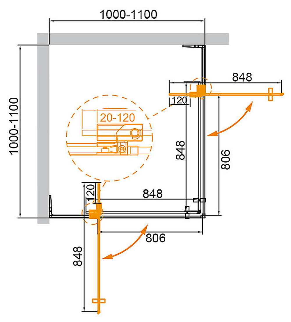 Душевой уголок Cezares Slider 100х100 SLIDER-A-2-100/110-GRIGIO-GM профиль оружейная сталь/стекло серое