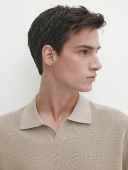 Massimo Dutti Свитер с воротником поло и короткими рукавами, хаки