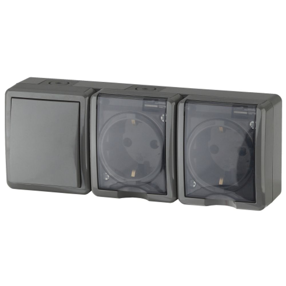 11-7403-03 ЭРА Блок две розетки+выключатель IP54, 16A(10AX)-250В, ОУ, Эра Эксперт, серый