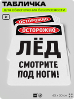 Табличка для обеспечения безопасности "Осторожно, лёд, смотрите под ноги", для офиса, по охране труда для предприятия, организаций, 40х30 см, Silver Plane x Айдентика Технолоджи