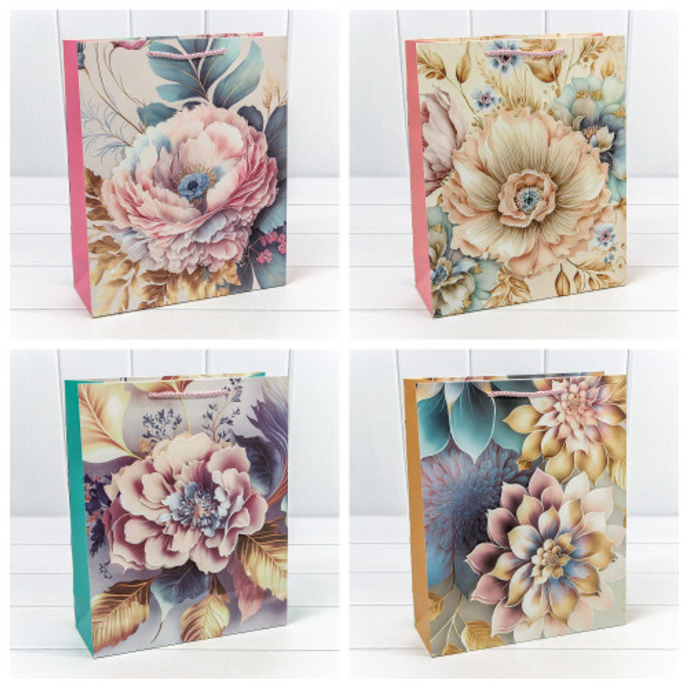 Пакет подарочный 26х32х10см Премиум "Цветы" с 3D аппликацией (Микс)