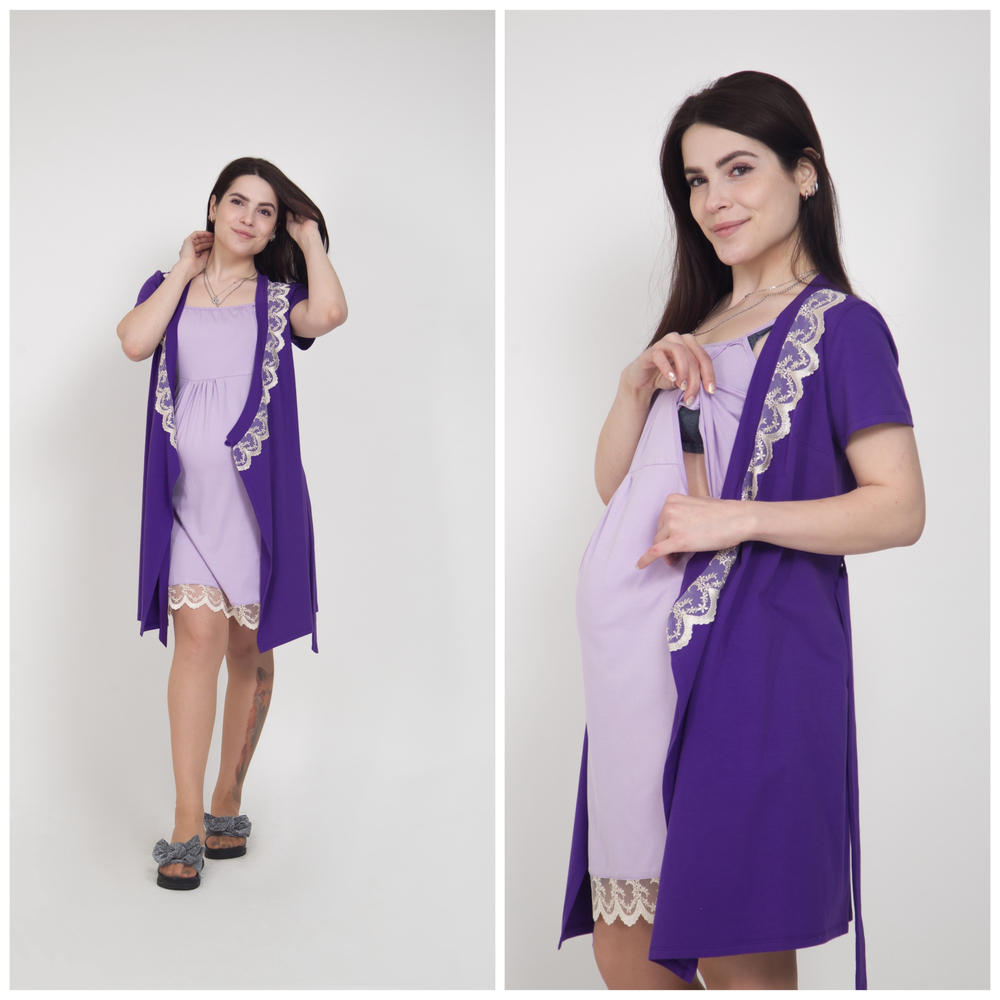 Комплект для беременных и кормящих (халат плюс сорочка) из хлопка, размер 44