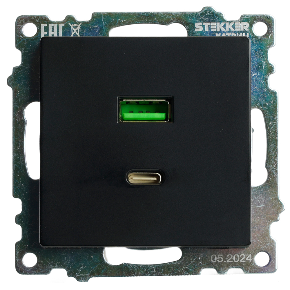 Розетка 2-местная USB + type C (механизм), STEKKER GLS10-7116-05, 250B, 3А, серия Катрин, черный 50055