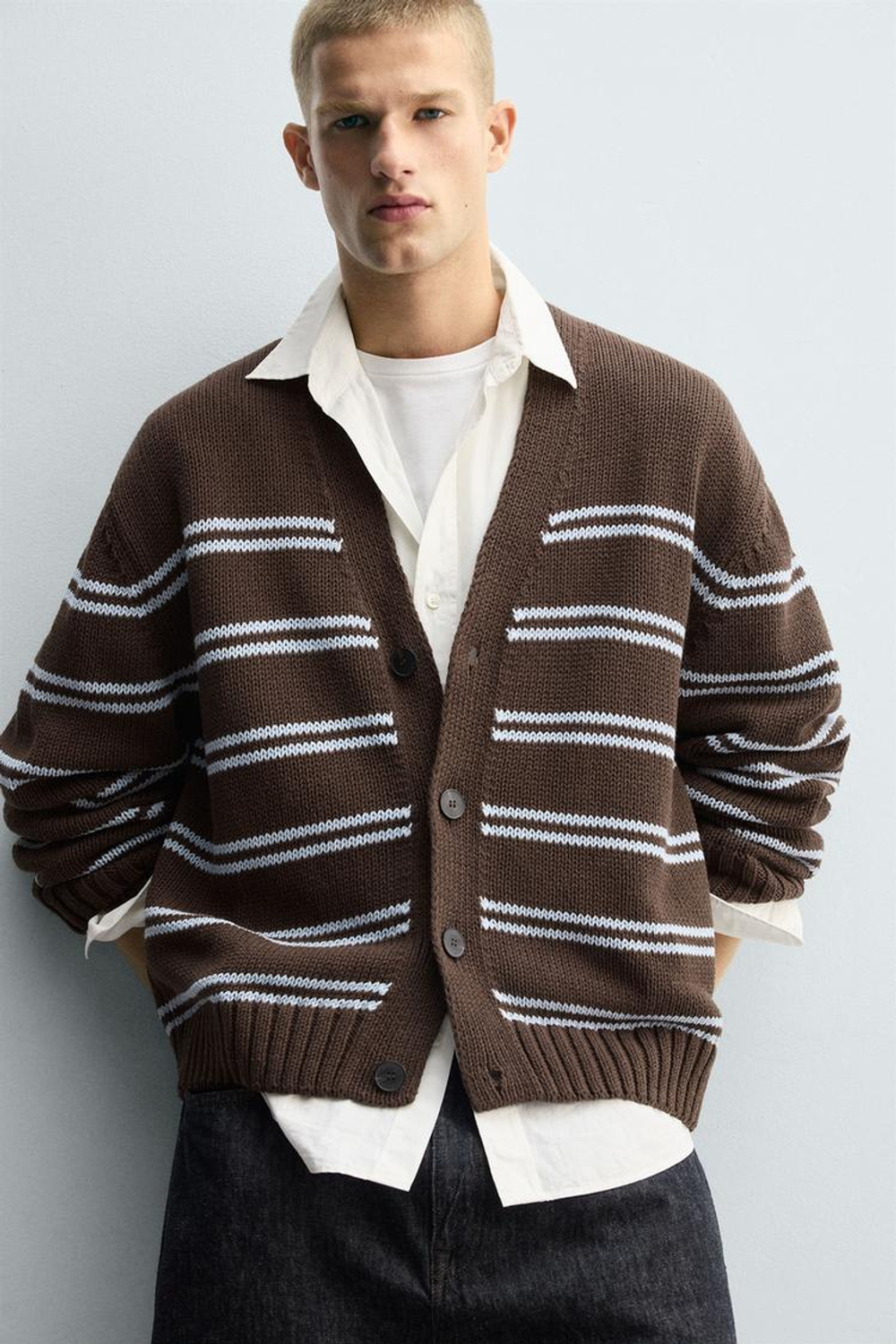 ZARA ЖАККАРДОВЫЙ КАРДИГАН В ПОЛОСКУ, КОРИЧНЕВЫЙ