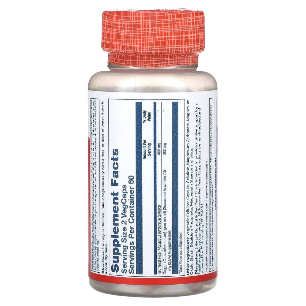 Solaray, Гуггул и красный рис с дрожжами, 120 вегетарианских капсул