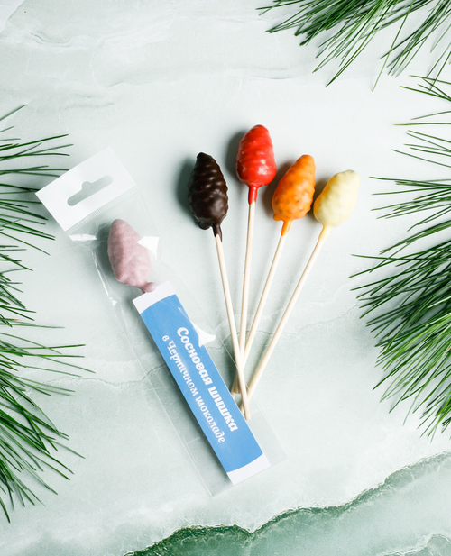 Сосновая шишка на палочке Ассорти в цветном шоколаде / шоу-бокс / 187 гр / 15 шт / Солнечная Сибирь