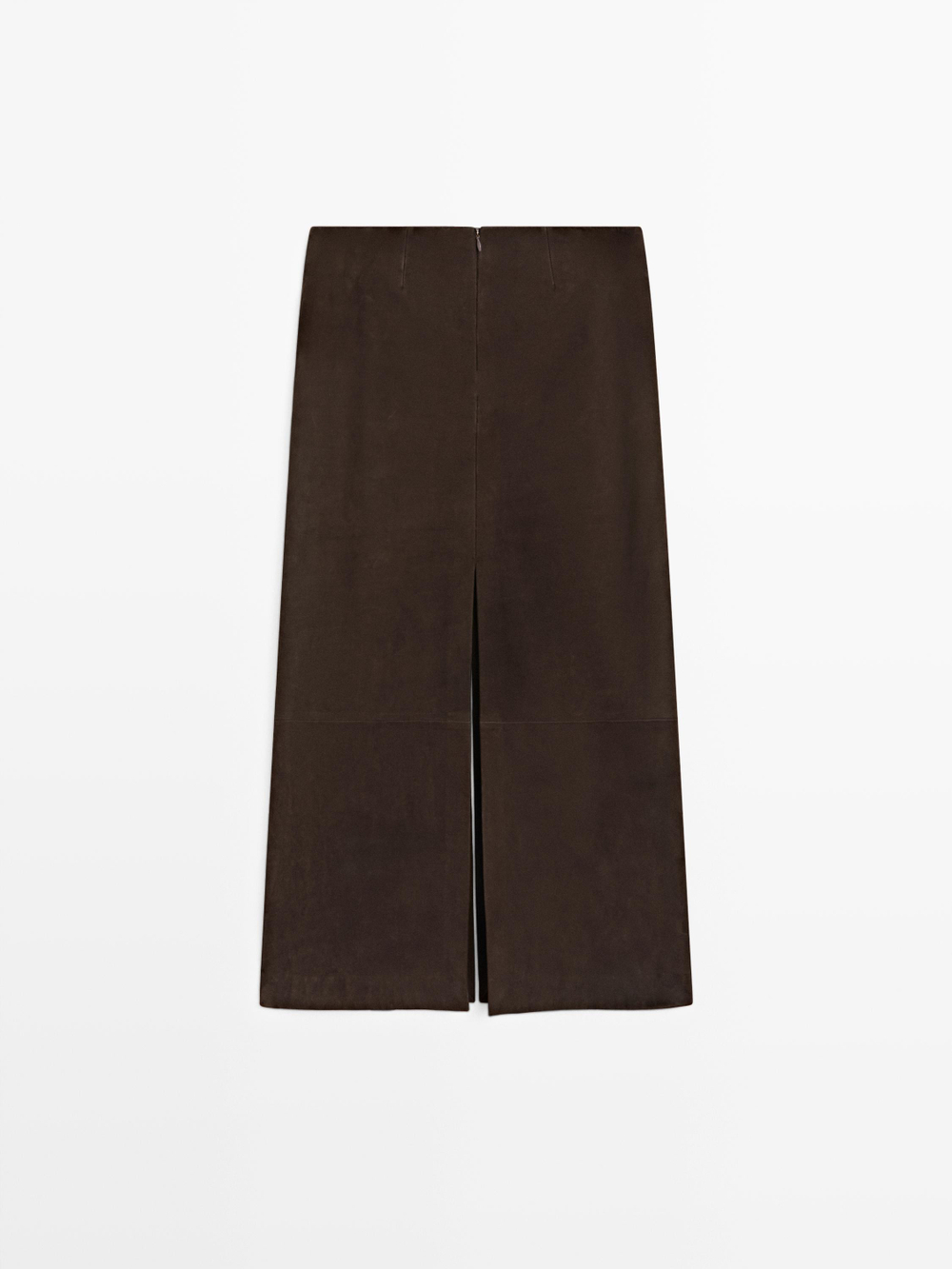 Massimo Dutti Прямая юбка миди из нубуковой кожи, коричневый