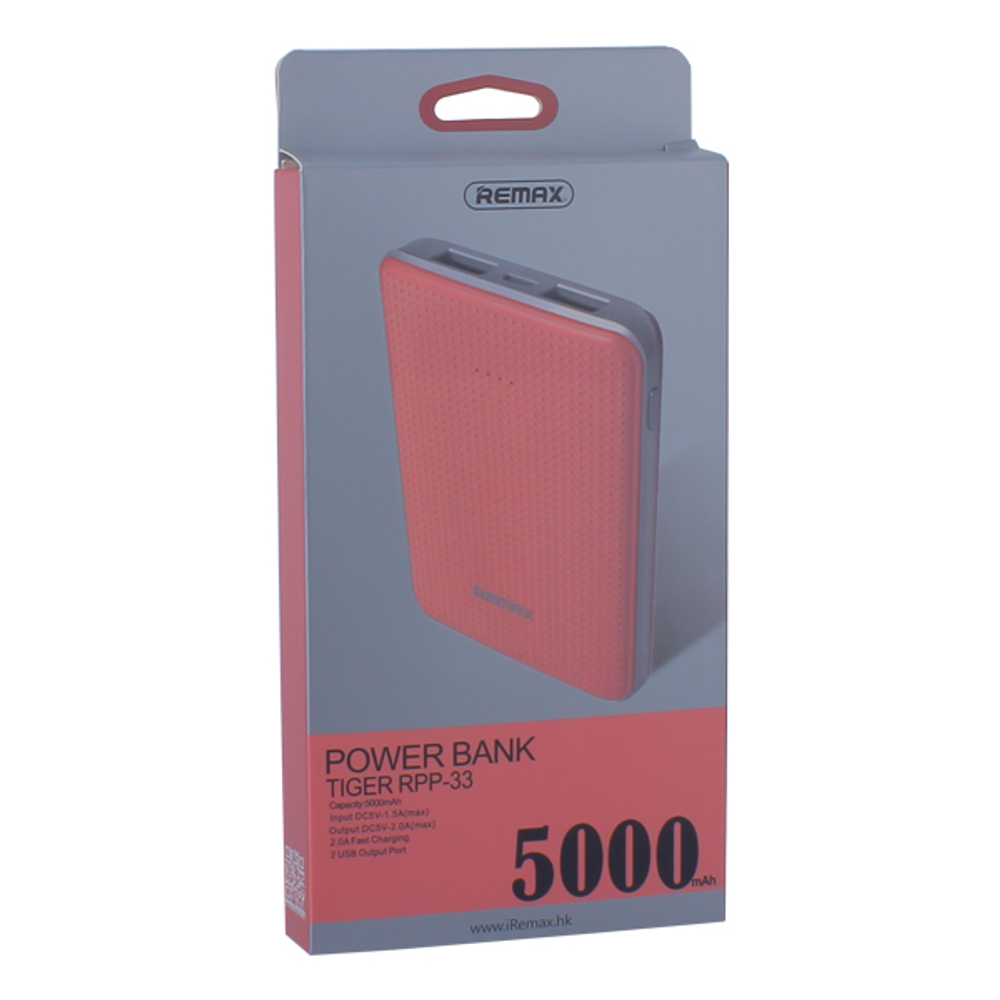 Аккумулятор внешний универсальный Remax RPP33-5000 mAh Tiger Power bank (2 USB: 5V-2.0A) Pink Розовый