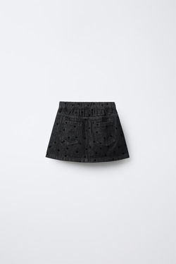 ZARA ДЖИНСОВАЯ ЮБКА С ФЛОКИРОВАННЫМИ СЕРДЦАМИ, ЧЕРНЫЙ