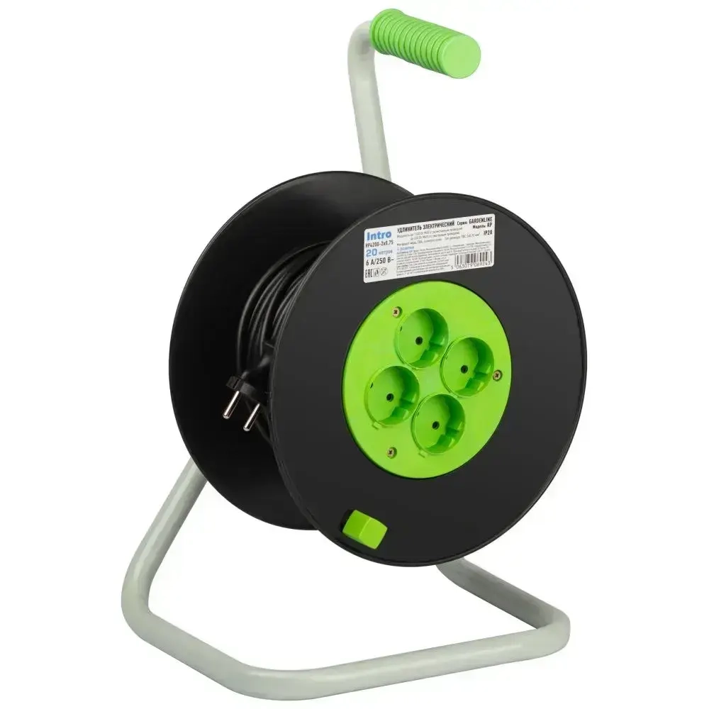 Удлинитель силовой на катушке Intro RP4200 20м без заземления 4 розетки ПВС 2х0.75мм, строительный садовый для газонокосилки и триммера