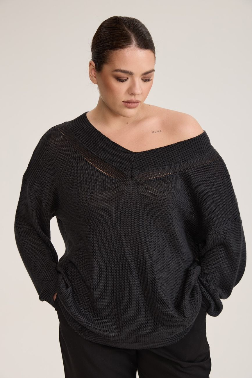 Джемпер вязаный на одно плечо, темно-серый