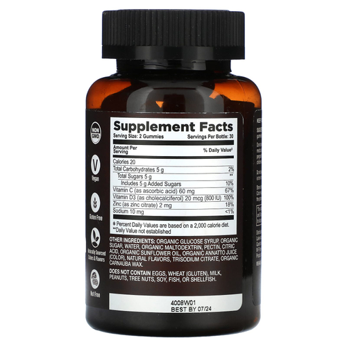 YumVs, Органические жевательные мармеладки Strong Earth, витамин C с витамином D3 и цинком, мандарин и апельсин, 60 жевательных мармеладок