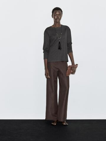 Massimo Dutti Футболка из 100% хлопка с длинным рукавом, антрацитово-серый
