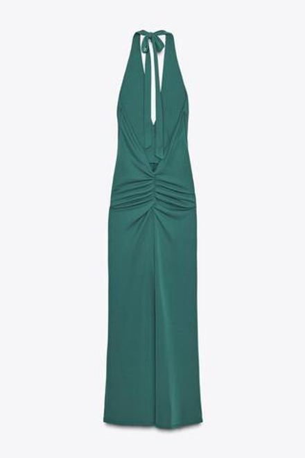 ZARA ДЛИННОЕ ПЛАТЬЕ-ХАЛТЕР СО СБОРКАМИ, СИНЕ-ЗЕЛЕНЫЙ
